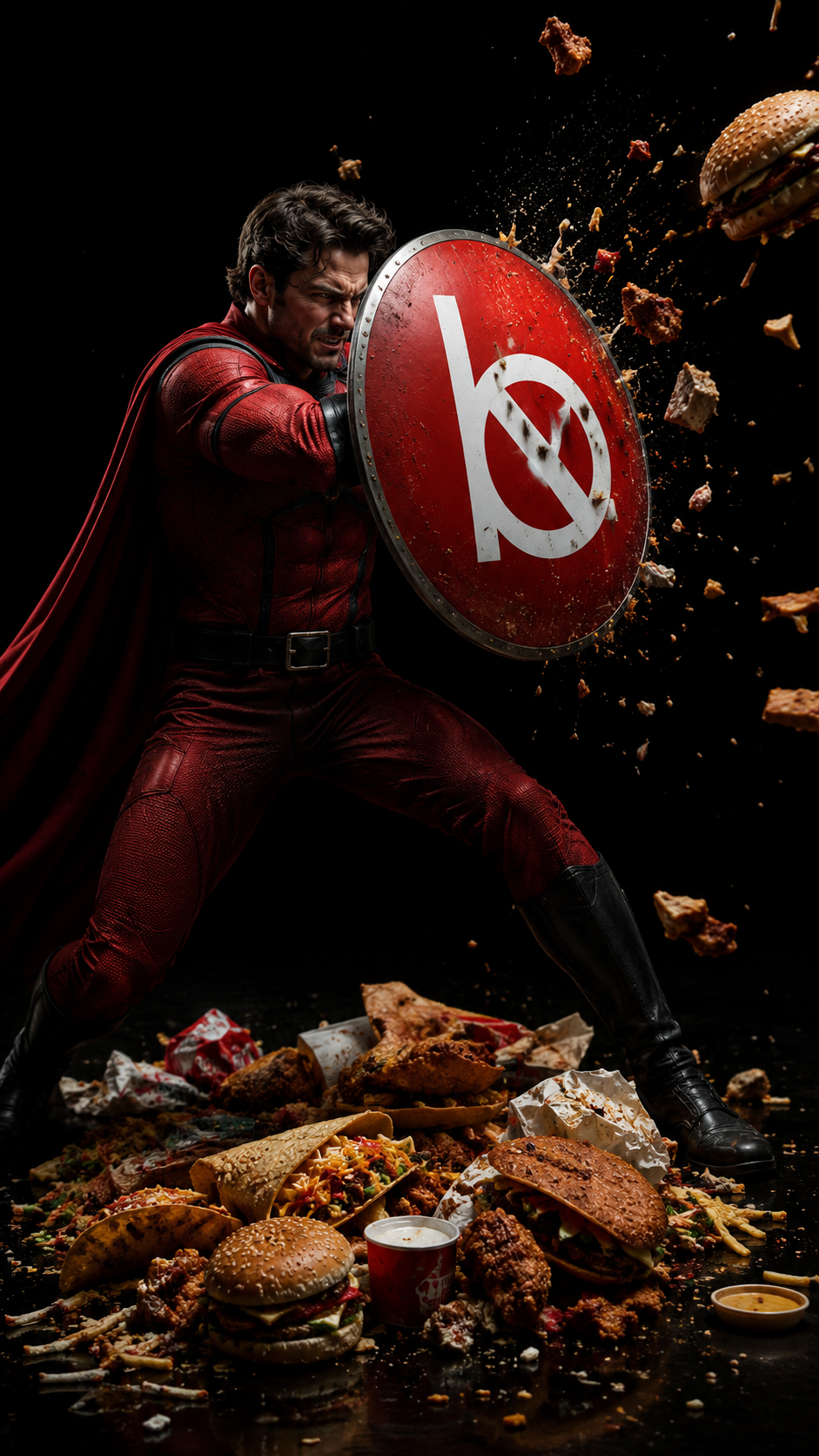 A caped hero raising the Burger Blocker shield against a barrage of flying junk food
