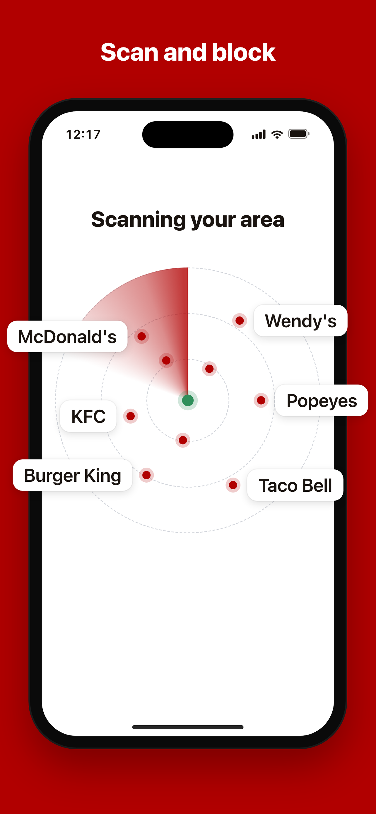The app scanning the area and listing nearby fast-food chains on a radar